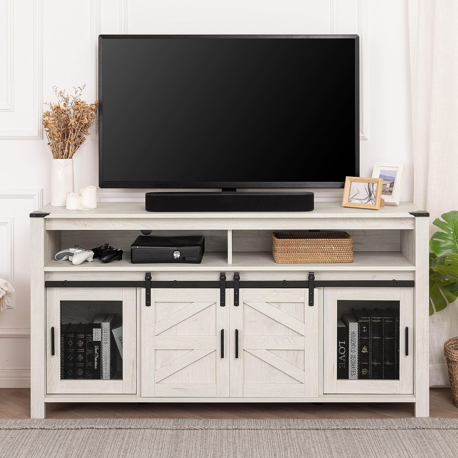 WAMPAT Farmhouse Entertainment Center for 65 Inch TVs, 59' Barn Door TV Stand with Sliding Barn Doors & Mesh Accents, Adjustable Farmhouse TV Stand with Storage for Living Room, Antique White