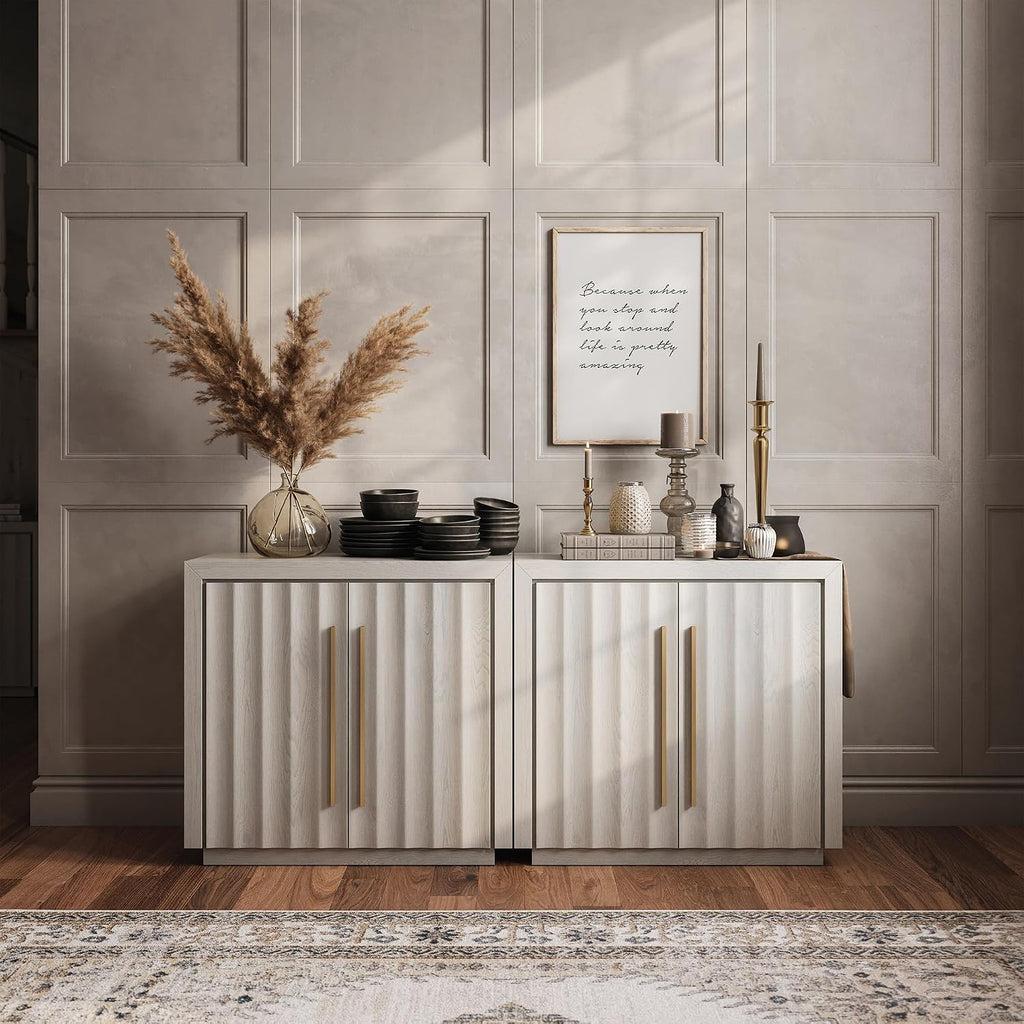 BELLEZE Modular Buffet Cabinet with Storage,Modern Sideboard with Compartments & Adjustable Shelves,Expandable Elegant Credenza Console Table for Dining Room Living Room, Set of 2
