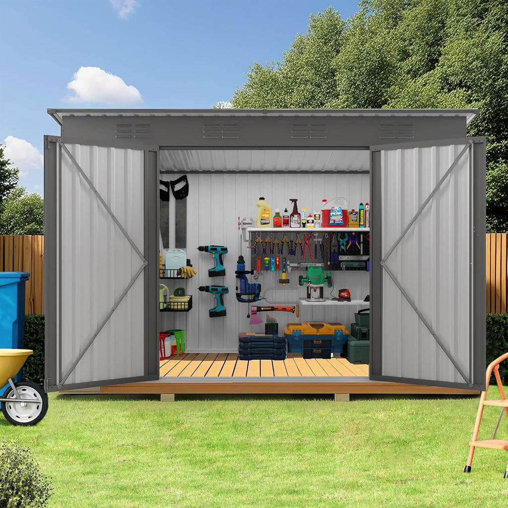 4 x 9 FT Outdoor Storage Shed, Lean-to Metal Storage Shed for Backyard Patio Garage,Sloped Roof Corner Fit, Center Sliding Double Doors, 6 Vents, Galvanized Steel Tool House, Weather-Resistant Gray