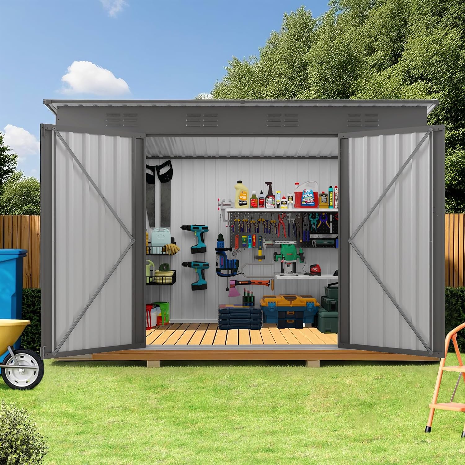 4 x 9 FT Outdoor Storage Shed, Lean-to Metal Storage Shed for Backyard Patio Garage,Sloped Roof Corner Fit, Center Sliding Double Doors, 6 Vents, Galvanized Steel Tool House, Weather-Resistant Gray