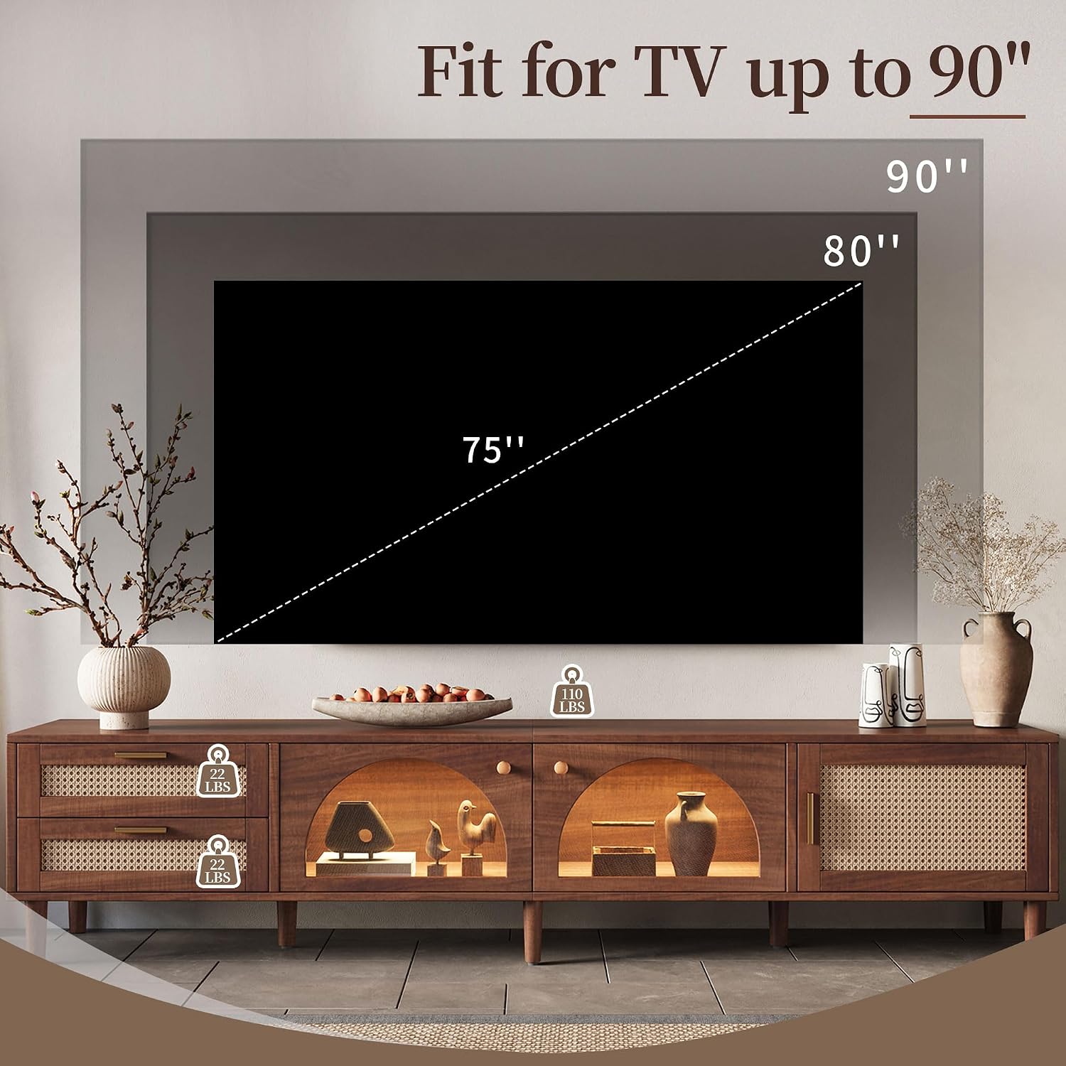 Merax Rattan TV Stand with LED Lights, 86' Entertainment Center with 3 Cabinets & 2 Drawers Media Console Table for TVs Up to 90', Solid Wood Feet, Living Room, Bedroom Furniture
