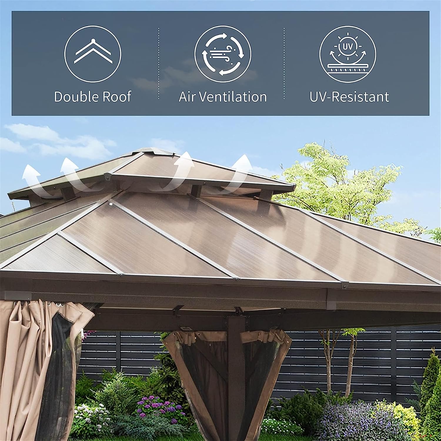 12'x12' Hardtop Gazebo, Pent Outdoor Gazebo with Polycarbonate Double Roof, Aluminum Gazebo Pavilion with Curtain and Net for Garden, Patio, Lawns, Deck, Backyard(Brown)