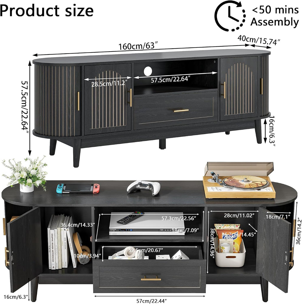 63' Fluted TV Stand for Tvs up to 70', Mid-Century Modern Entertainment Center with Drawers and Fluted Doors, Curved TV Media Console Table with Sliding Doors for Living Room, Bedroom (63' Black)