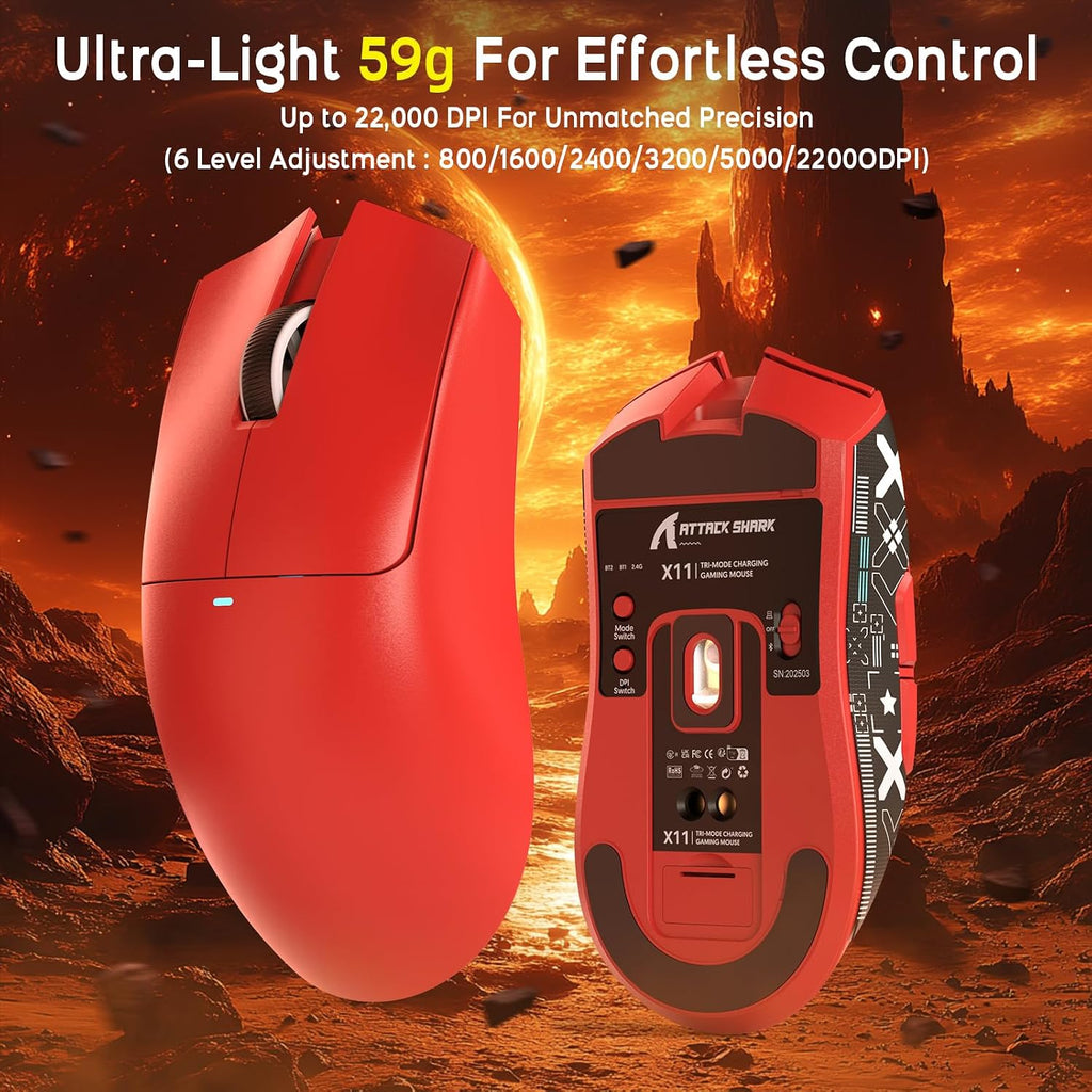 ATTACK SHARK X11 Mouse and X60 HE Keyboard Wireless Gaming Combo,Magnetic Switch,8K Polling Rate,Hall Effect,Rapid Trigger,PAW3311 Optical Sensor,22K DPI,Lightweight-Red