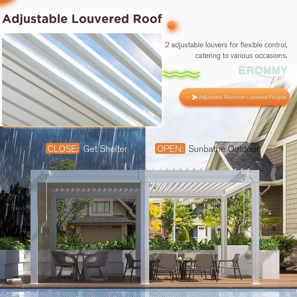 EROMMY 12x16 Louvered Pergola with Side Pull-Down Screen, Outdoor Aluminum Pergola with Thickened Frame and Adjustable Metal Rainproof Roof for Deck Patio Garden Yard, White