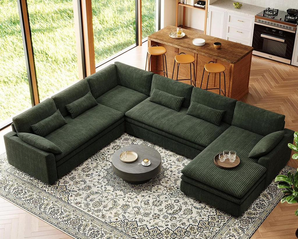 Belffin Large Modular Sectional Sofa with Deep Chaise, Corduroy U Shaped Couch with 9' Soft Dual-Layer 7 Seats Cushion for Living Room, Apartment, Green