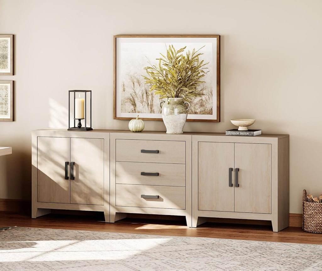 WAMPAT TV Stand for TVs up to 85 Inch, 3-Piece Modular Entertainment Center with Drawers and Doors, Farmhouse Media Console for Living Room, Bedroom, Home Theater, Beige