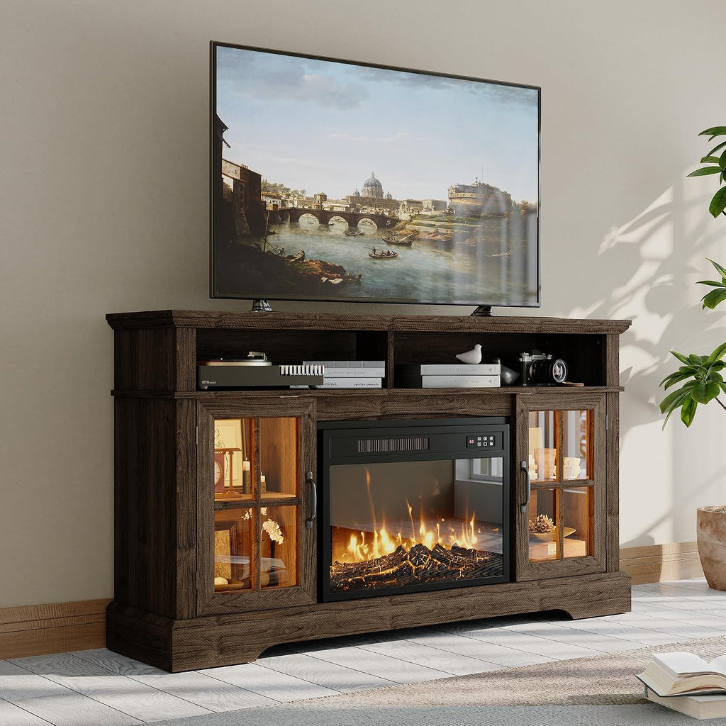 58' Farmhouse TV Stand with 23' Fireplace for TVs up to 80', Media Entertainment Center with Adjustable Shelves and Large Storage Cabinets, for Living Room, Brown & Black