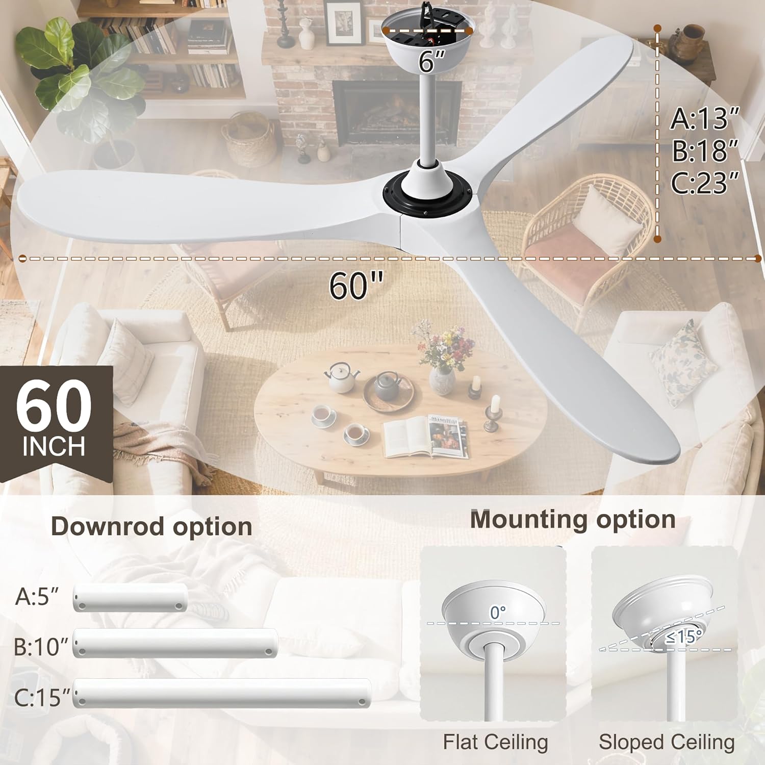 60 Inch White Ceiling Fan No Light, Wood Indoor Outdoor Ceiling Fans for Patios Living Room Bedroom Gazebo, Big 3 Blade Propeller Wet Rated Ceiling Fans for Sloped Angled Ceiling