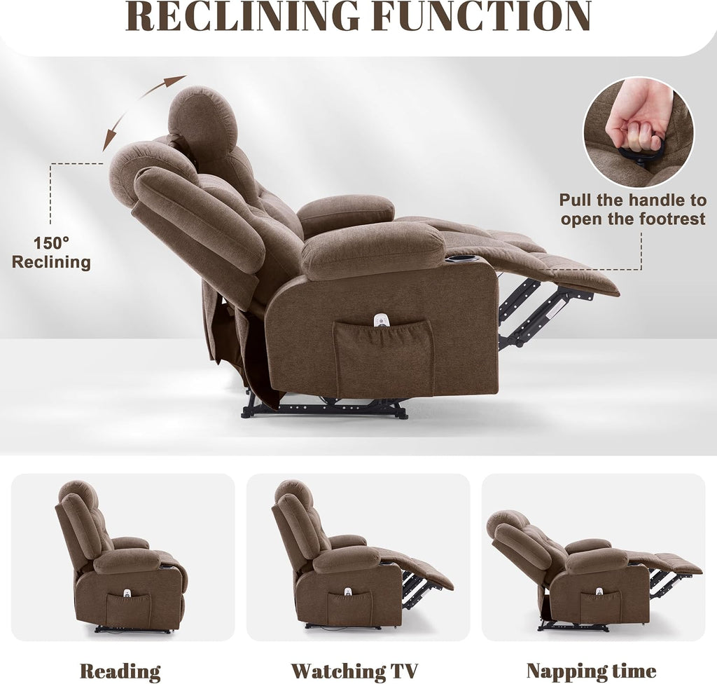 Oversized Recliner Sofa with Massage and Heat, Large Big 3-Seater RV Recliner Couch Sofa for Living Room, Wall-Hugger Reclining Sofa with Cup Holders and USB Port (Fabric, Brown)