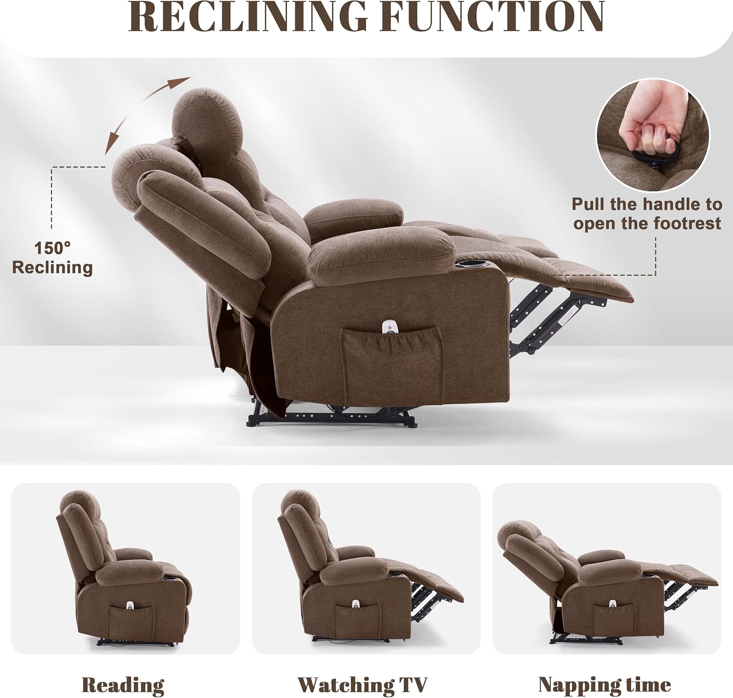 Oversized Recliner Sofa with Massage and Heat, Large Big 3-Seater RV Recliner Couch Sofa for Living Room, Wall-Hugger Reclining Sofa with Cup Holders and USB Port (Fabric, Brown)