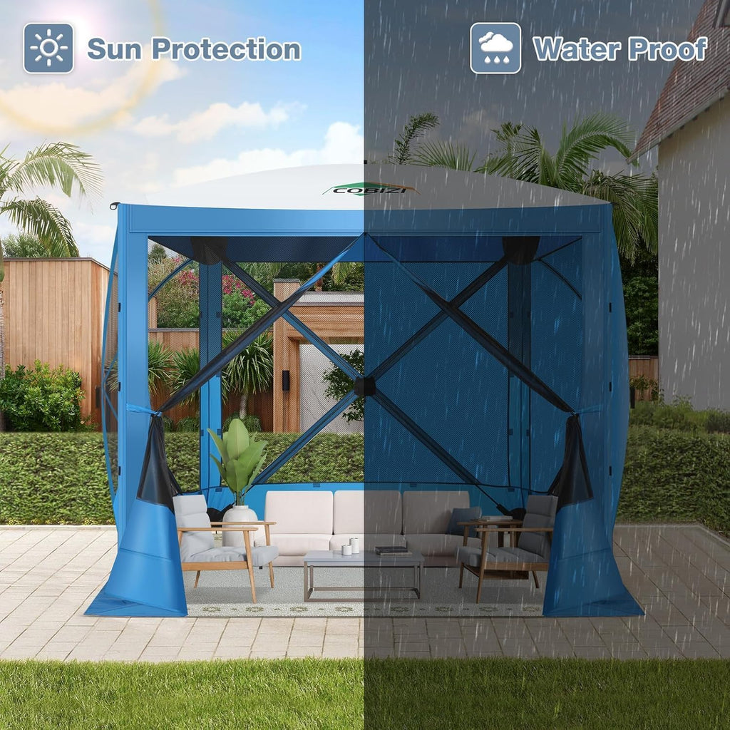 COBIZI 6x6FT Pop Up Gazebo Screen Tent Screen House for Camping, Screen Room with Sidewalls and Mosquito Netting, Hub Tent Instant Screened Canopy with Carrying Bag and Ground Stakes, Blue