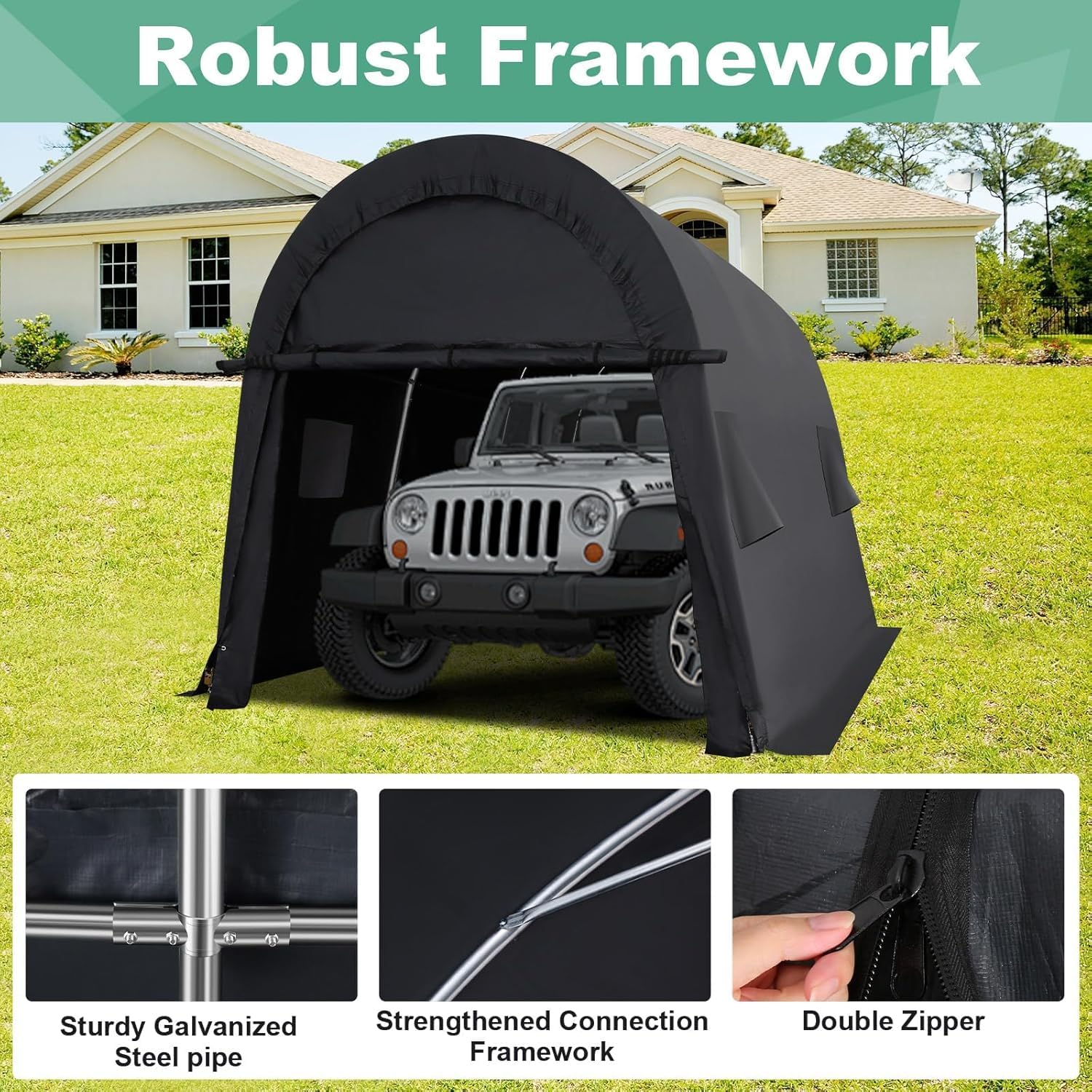 COBIZI Carport 10x15 FT Heavy Duty Portable Garage Storage Shelter Shed with All-Steel Metal Frame & Vents, Round Style Outdoor Storage Shed for Car, Truck, Boat, Patio Furniture Anti-Snow Waterproof
