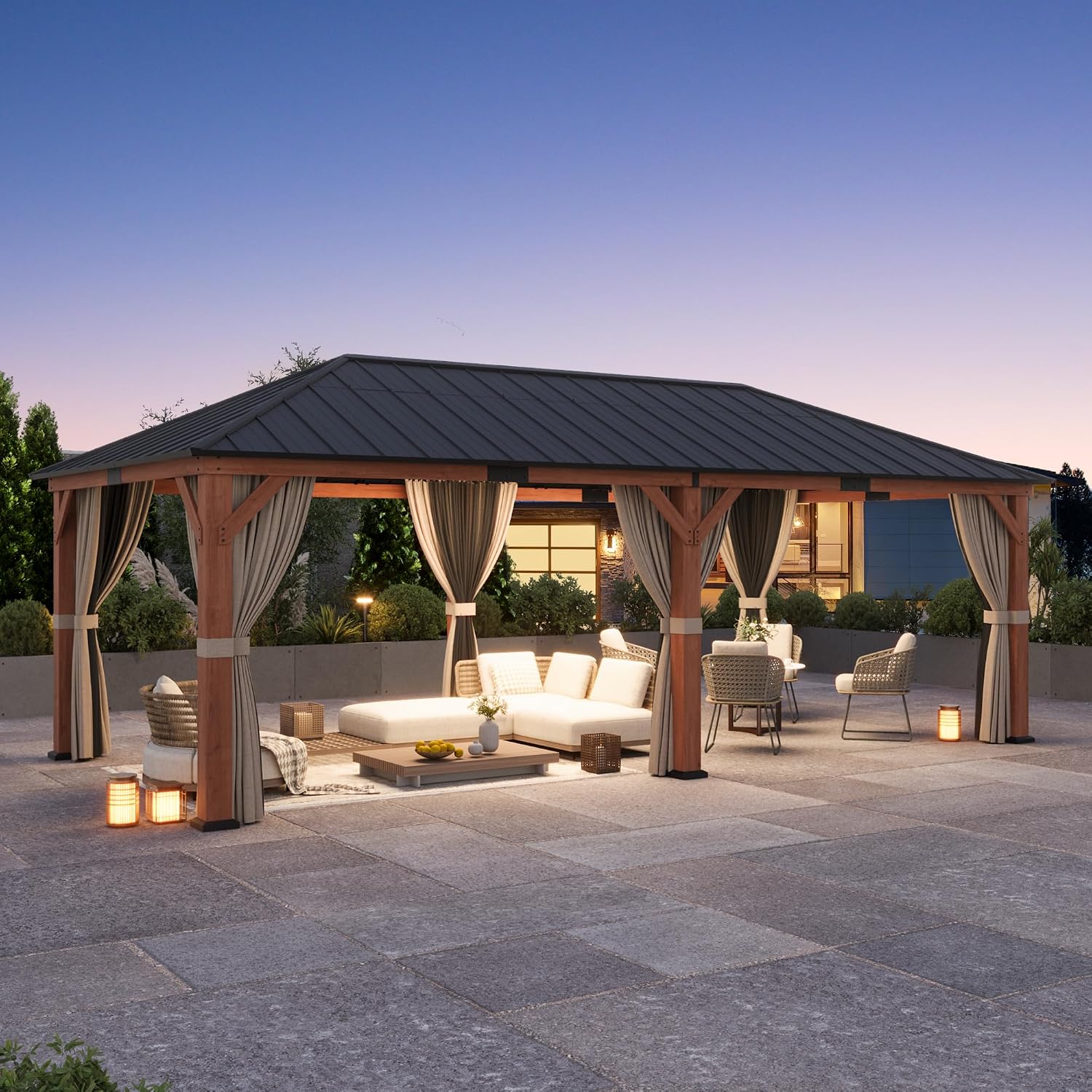 Big Leaf 12'x24' Wood Gazebo with Galvanized Steel Roof - Hardtop Gazebo with Cedar Frame Permanent Hardtop Pavilion with Mosquito Netting & Curtains for Garden, Backyard and Patio