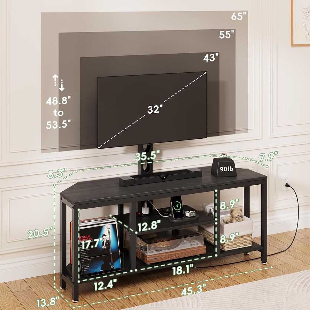 Corner TV Stand with Mount LED - Universal TV Mount Stand for 32-65' TV, Height Adjustable Swivel TV Console Wood & Steel Entertainment Center with Mount, Cabinet, Power Outlet, Colorful Light, Black