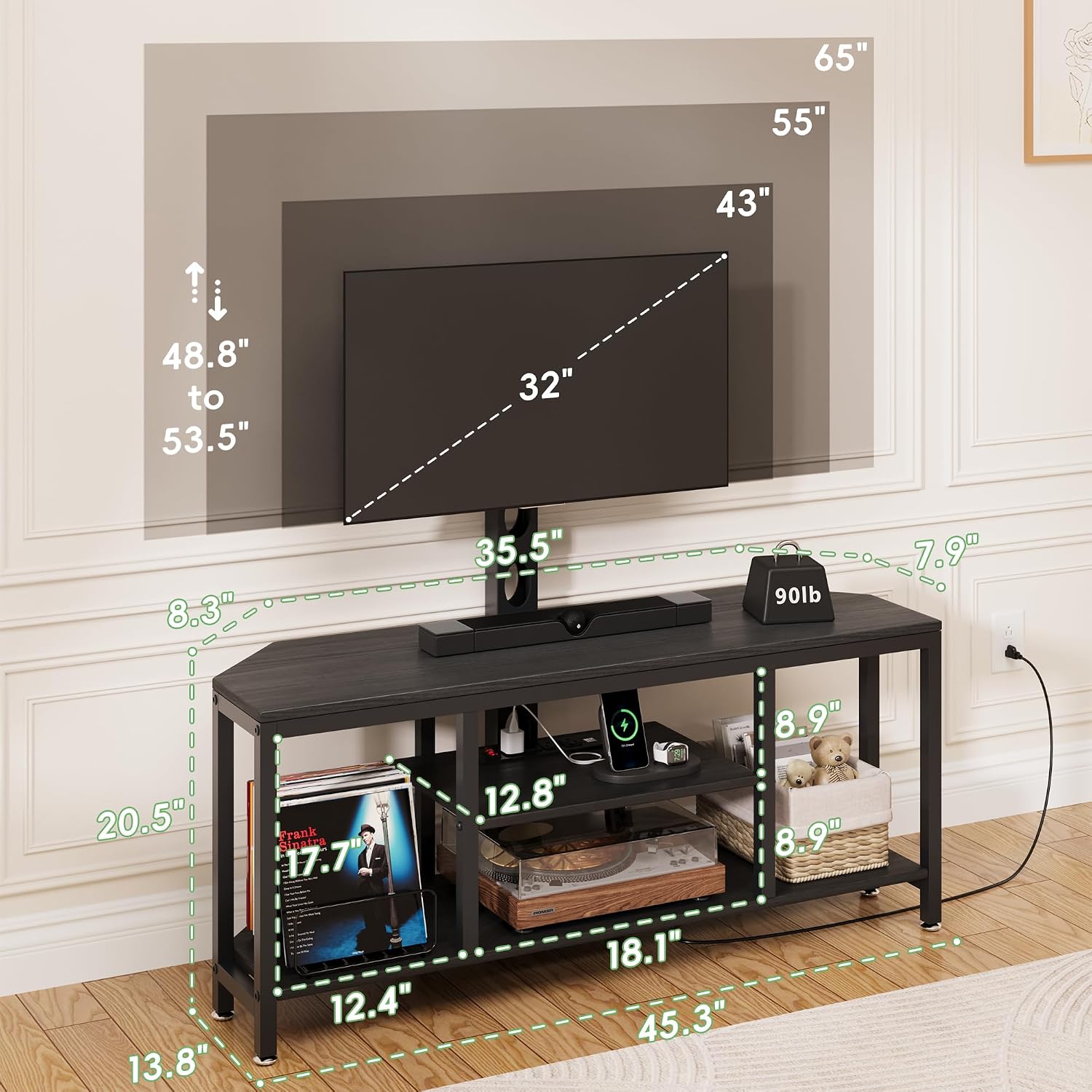 Corner TV Stand with Mount LED - Universal TV Mount Stand for 32-65' TV, Height Adjustable Swivel TV Console Wood & Steel Entertainment Center with Mount, Cabinet, Power Outlet, Colorful Light, Black