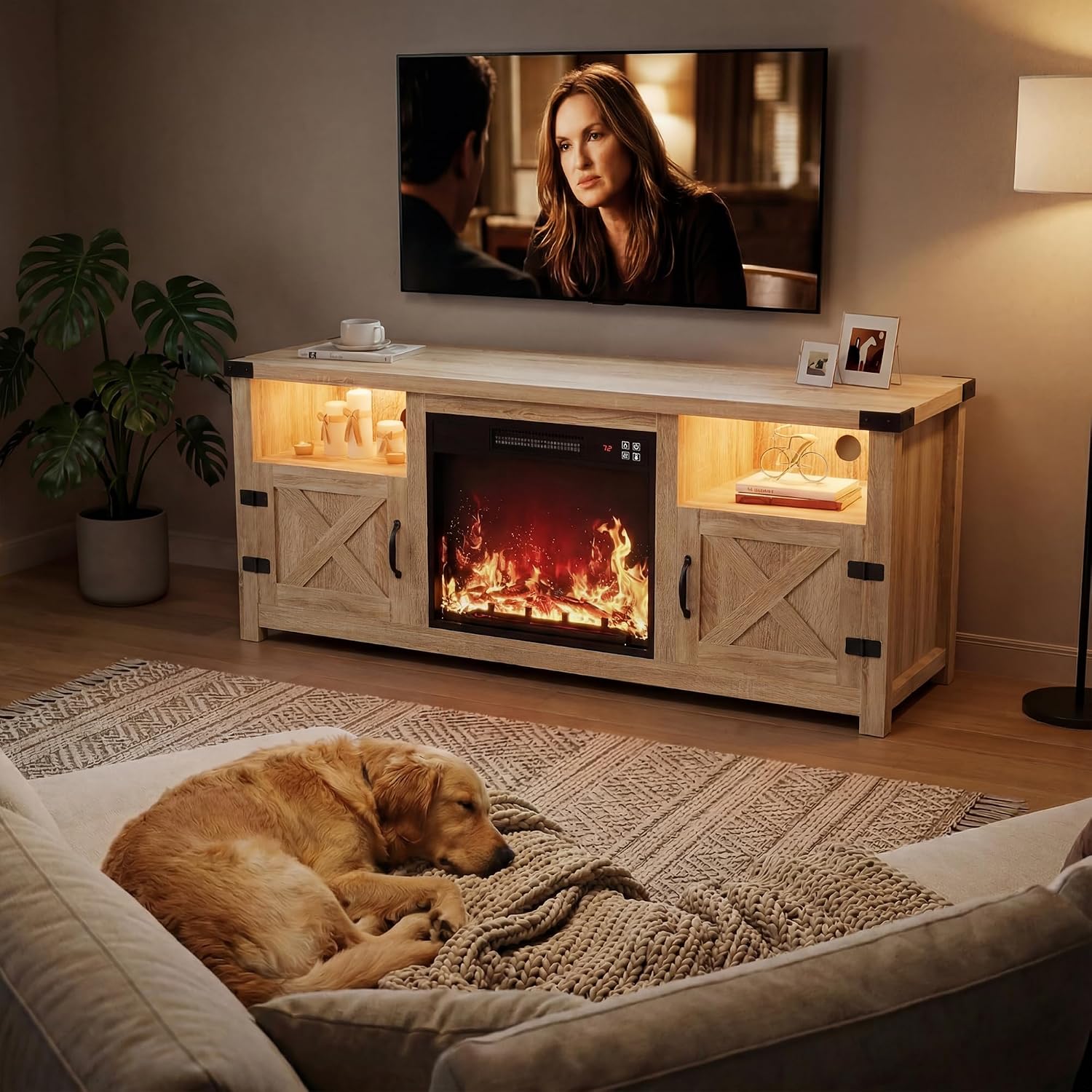 YESHOMY LED Fireplace TV Stand with Mood Lighting, TV Cabinet with Open Shelf, Farmhouse Media Console with Hidden Cable Routing, Entertainment Center for Televisions up to 65+ Inch, Natural Oak