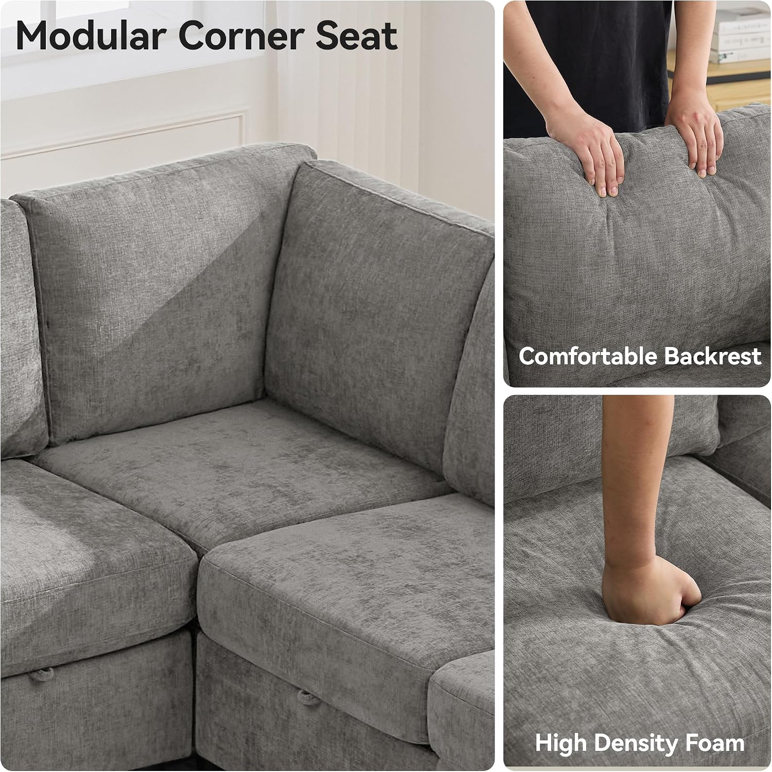 104'' U Shaped Modular Sofa, Sectional Couches with Storage for Living Room, Oversized 8 Seater Cloud Sectional Couch, Chenille Grey
