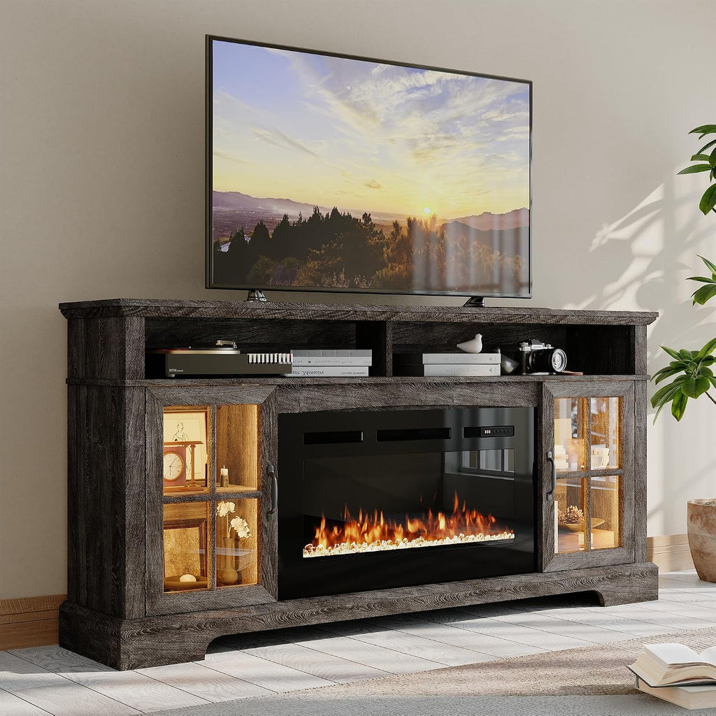 70' Farmhouse TV Stand with 36' Fireplace for TVs up to 80', Media Entertainment Center with Adjustable Shelves and Large Storage Cabinets, for Living Room, Gray & Black