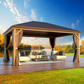 EROMMY 12'x16' Gazebo, Wood Looking Gazebo with Aluminum Frame and Single Galvanized Steel Roof, Outdoor Permanent Metal Pavilion with Curtains and Nettings for Deck, Backyard and Patio