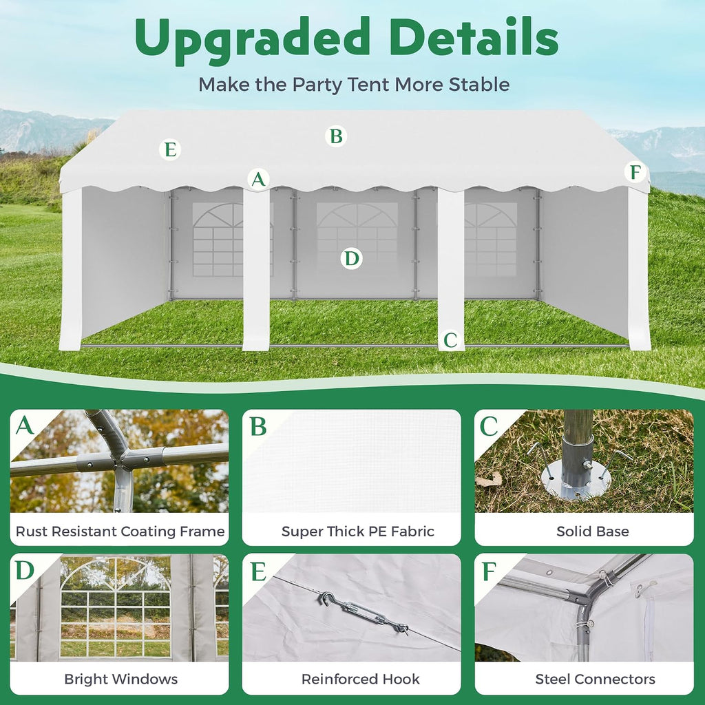EROMMY 20X20FT Party Tent, White Outdoor Wedding Canopy with Removable Sidewalls and Church Windows, Heavy Duty Pavilion Shelter for Events, Celebrations, and Gatherings