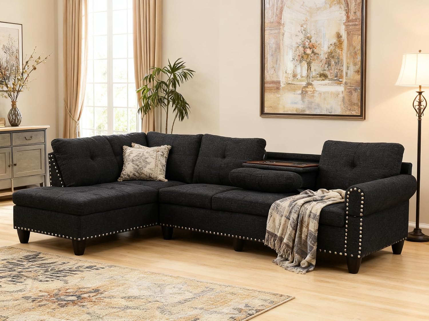 Modern L-Shaped Sectional Sofa with Cup Holder, 4-Seater Fabric Couch with Chaise Lounge, for Living Room, Apartment, Studio, Easy Assembly, Black