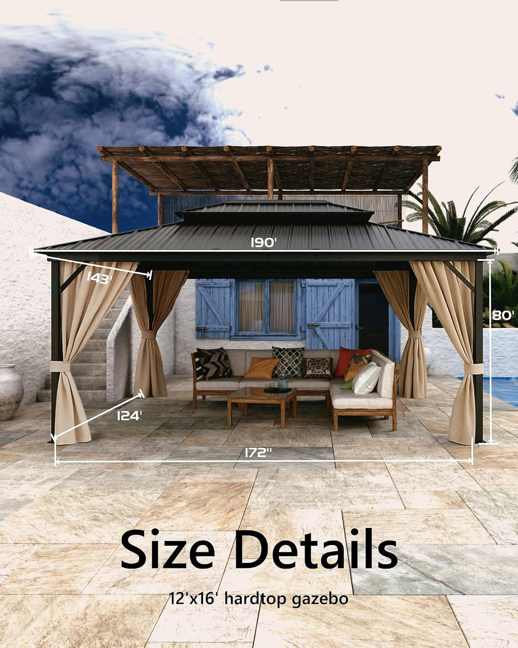 12'x16' Hardtop Gazebo for All Weather, with Double Metal Roof, Aluminum Alloy Frame, Net, and Curtain, Permanent Building for Patio, Deck, Backyard, Lawn, and Garden, Khaki