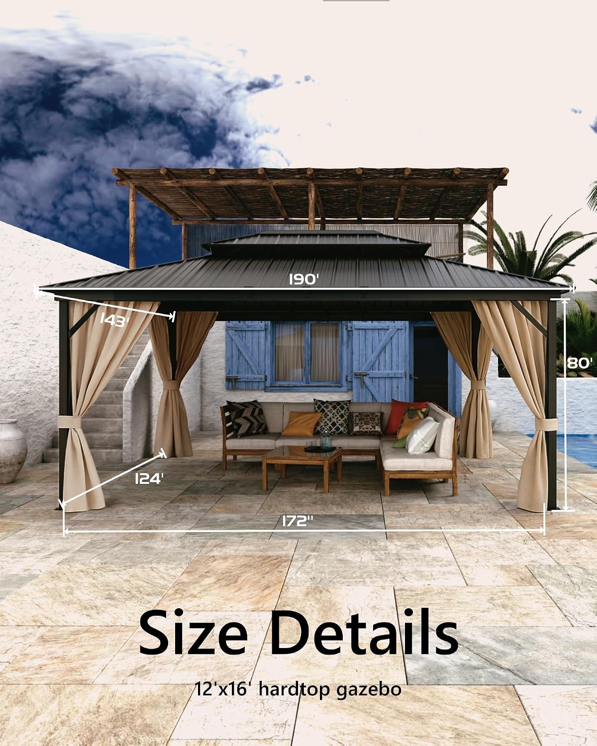 12'x16' Hardtop Gazebo for All Weather, with Double Metal Roof, Aluminum Alloy Frame, Net, and Curtain, Permanent Building for Patio, Deck, Backyard, Lawn, and Garden, Khaki