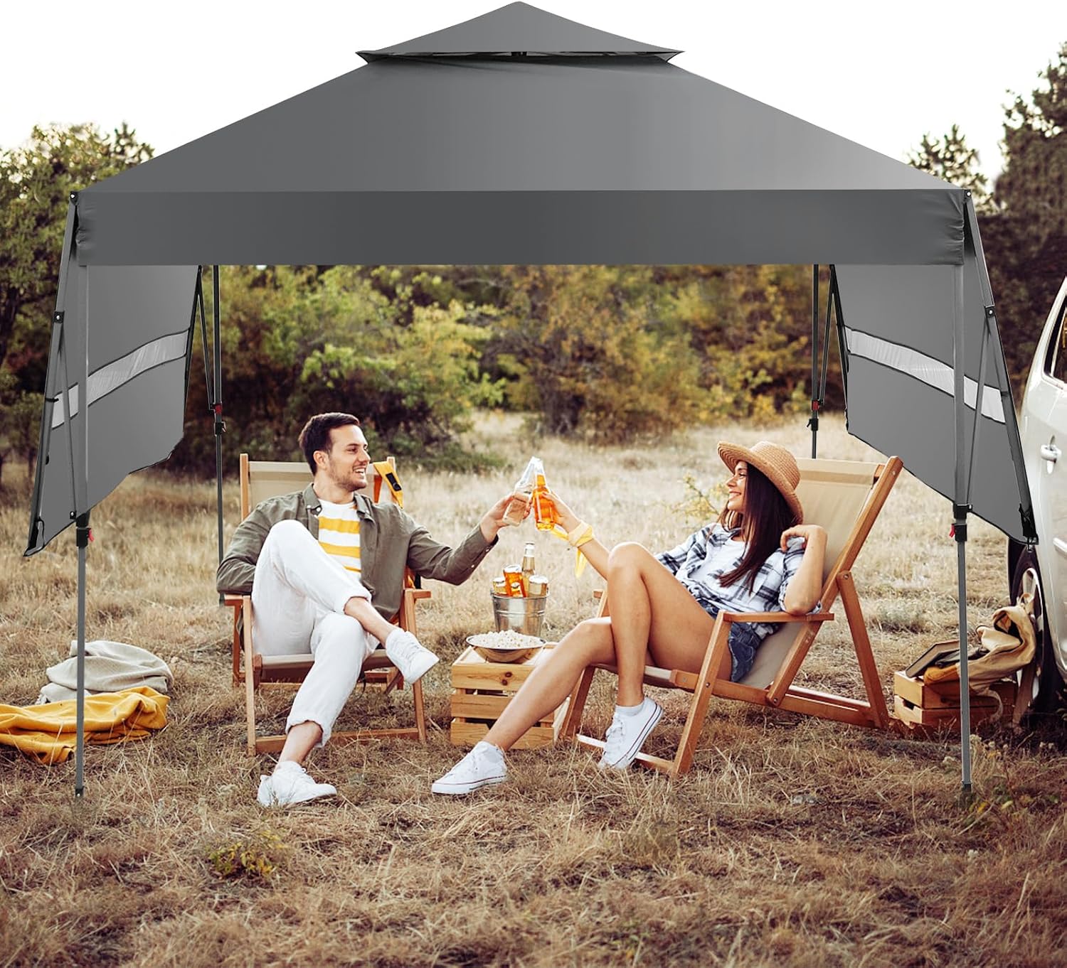 HAPPYGRILL Pop Up Canopy with Dual Awnings 10x17.6 FT, Outdoor Gazebo Shelter with Portable Wheeled Carrying Bag, Easy Setup Instant Tent for Patio Camping Picnic (Grey)