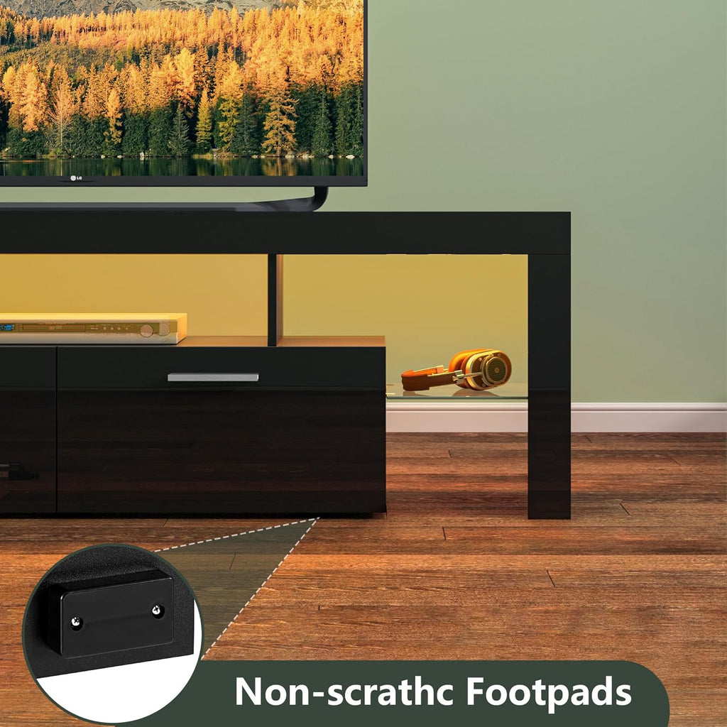 Clikuutory Modern Lighting 63 inch TV Stand with Large Storage Drawer for 50 55 60 65 70 75 Inch TVs, TV Console with 20 Color LED Lights, Entertainment Center Media and Open Shelf for Bedroom, Black
