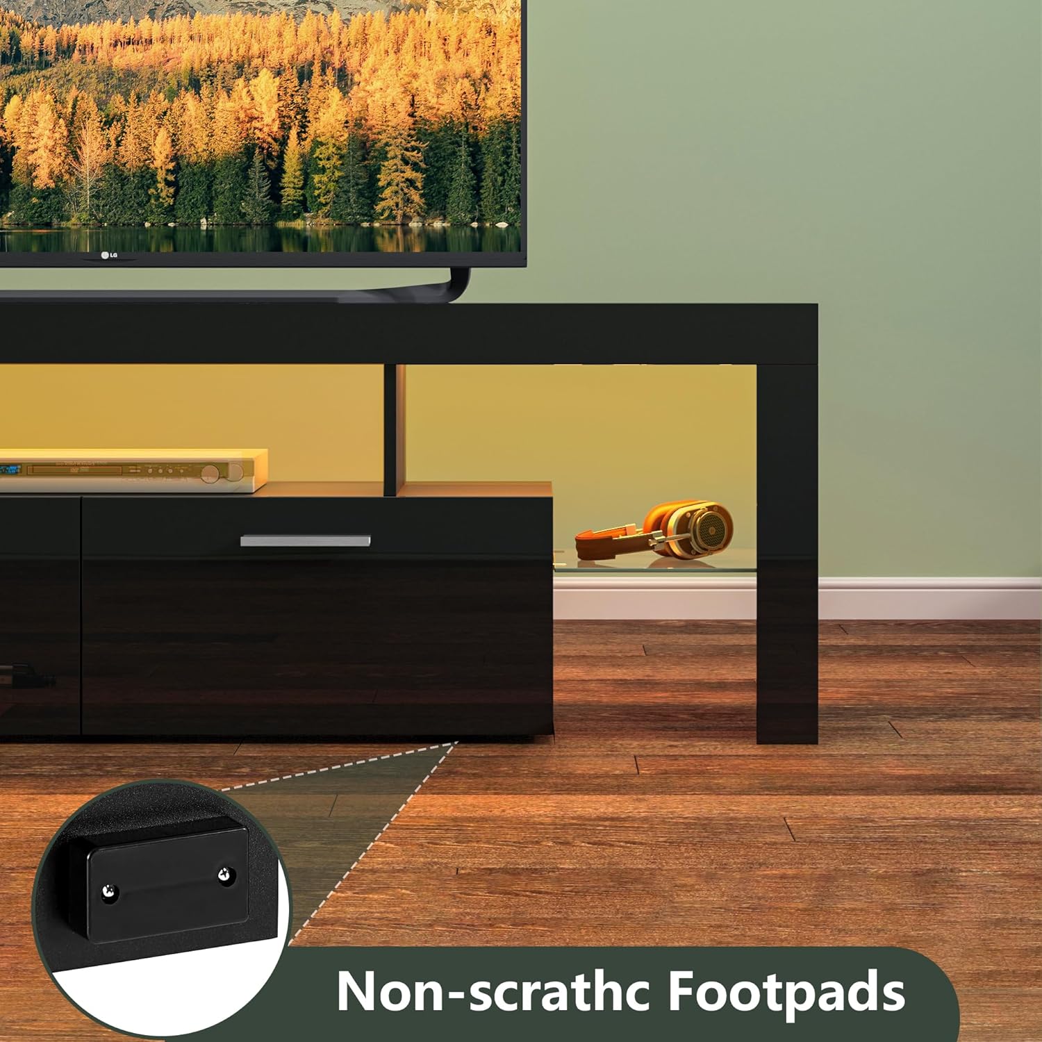 Clikuutory Modern Lighting 63 inch TV Stand with Large Storage Drawer for 50 55 60 65 70 75 Inch TVs, TV Console with 20 Color LED Lights, Entertainment Center Media and Open Shelf for Bedroom, Black