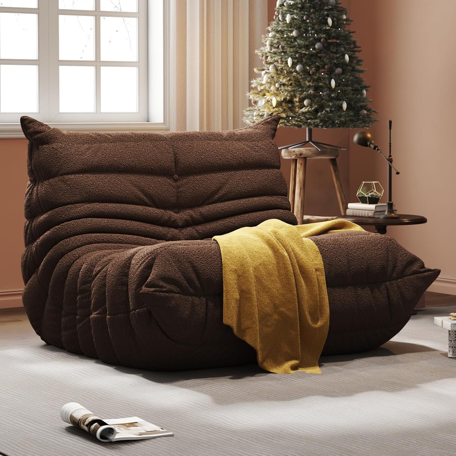 Giant Bean Bag Chair for Adults - Teddy Fleece Fireside Accent Chair with Memory Foam, Comfy Lazy Floor Sofa Couch Boneless Chaise Lounge for Living Room Bedroom Home Theaterr, 1 Seater,Coffe