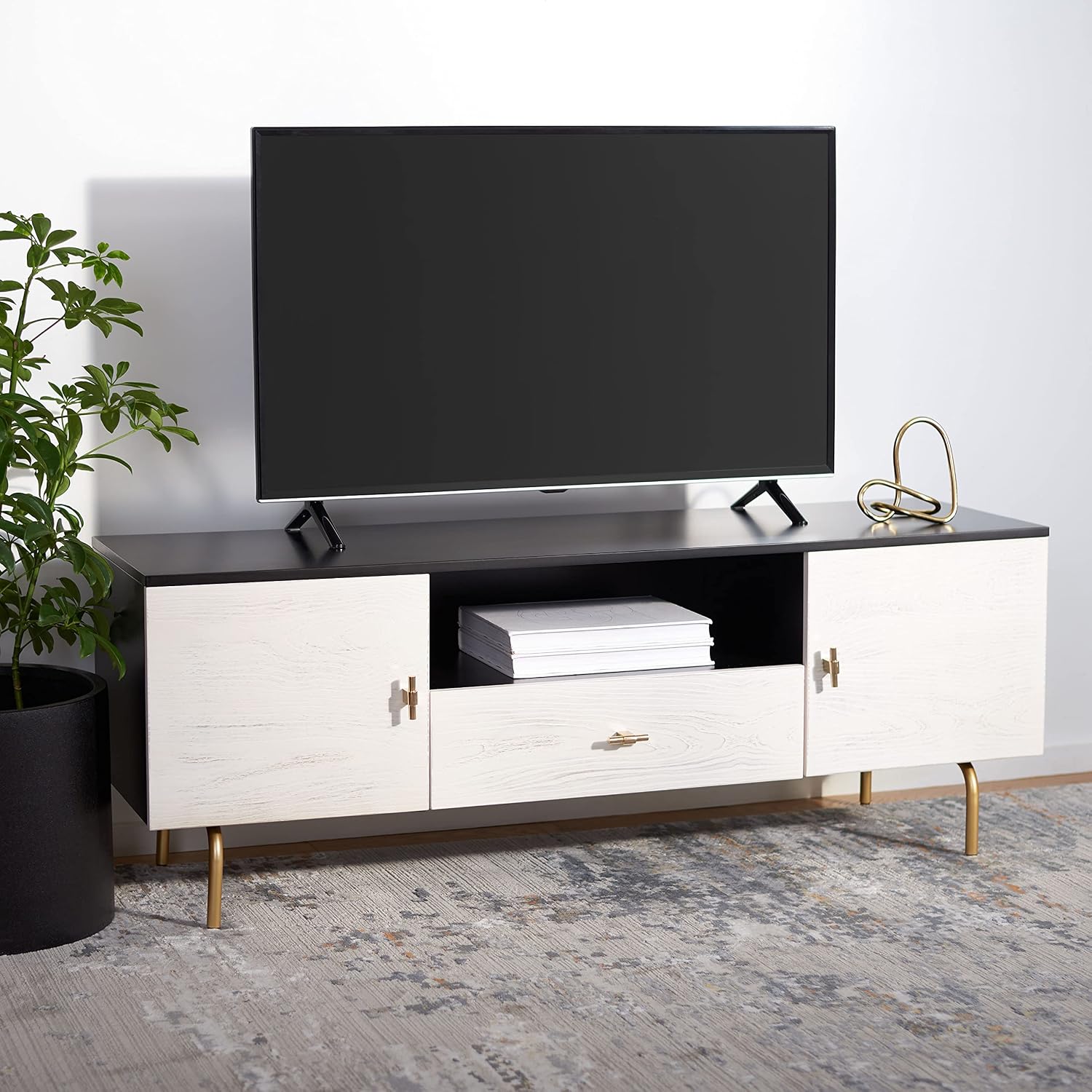 SAFAVIEH Genevieve TV Stand for up to 65' Flatscreen – Black & White Washed Finish, Mid-Century Modern Storage Cabinet, Entertainment Media Console (MED5000B)