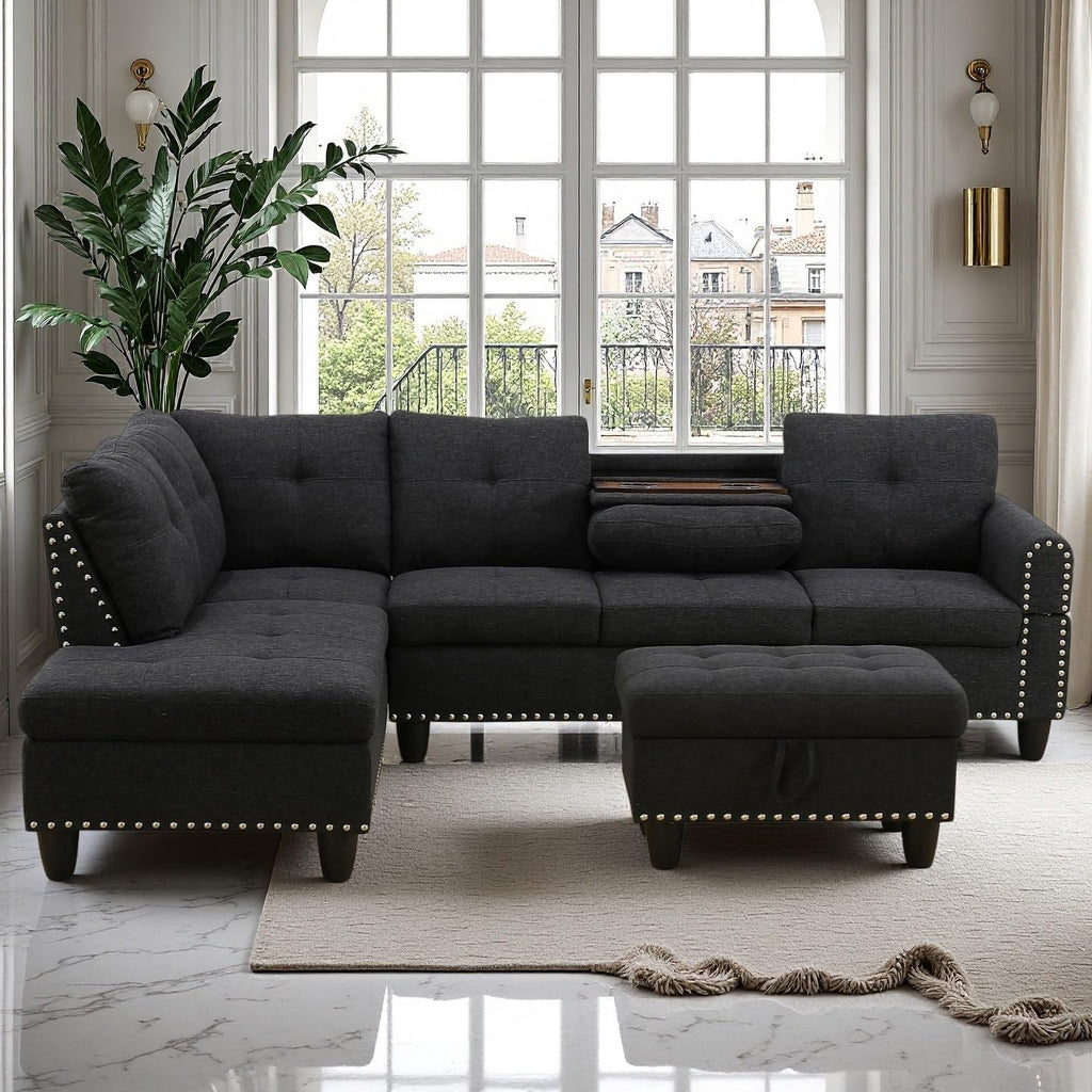 97.5' L Shaped Couch Set Linen, Modular Sectional Couches for Living Room with Storage Ottoman, 4 Seat Home Sofa Living Room Furniture Sets with Chaise for Apartment Office (Black Grey)