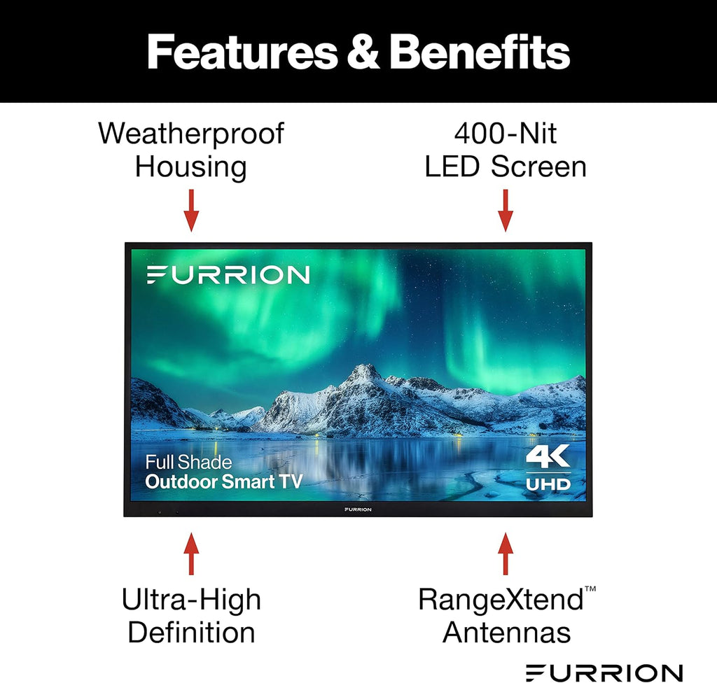 Furrion Aurora 50-Inch Full-Shade 4K LED Outdoor Smart TV - Weatherproof Outdoor Television w/ HDR10, Anti-Glare, 400-Nit LED Screen, Impact-Resistant Screen, External Antenna for Shaded Outdoor Areas