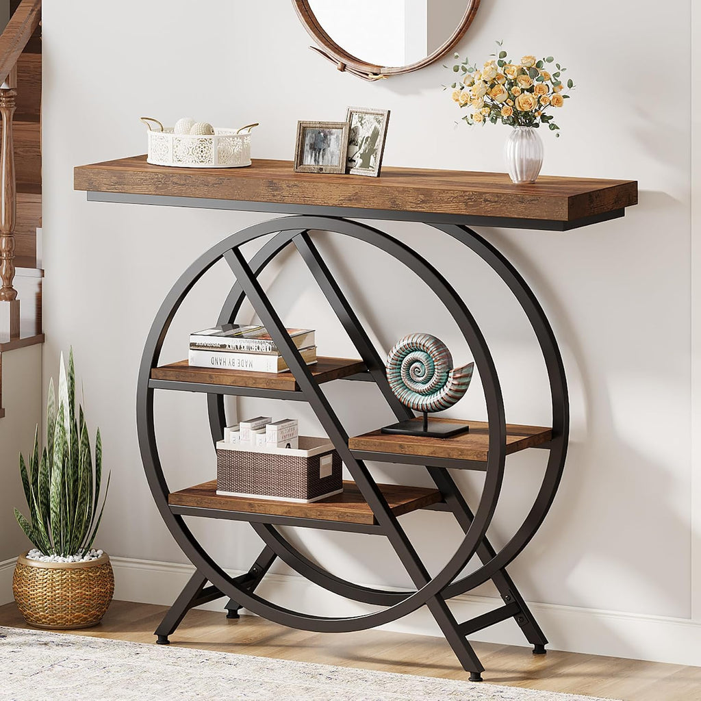 Tribesigns Console Table, 40-Inch Entryway Table with Storage Shelves, 4-Tier Industrial Hallway Sofa Table with Geometric Metal Frame, Accent Table for Living Room, Entryway, Rustic Brown