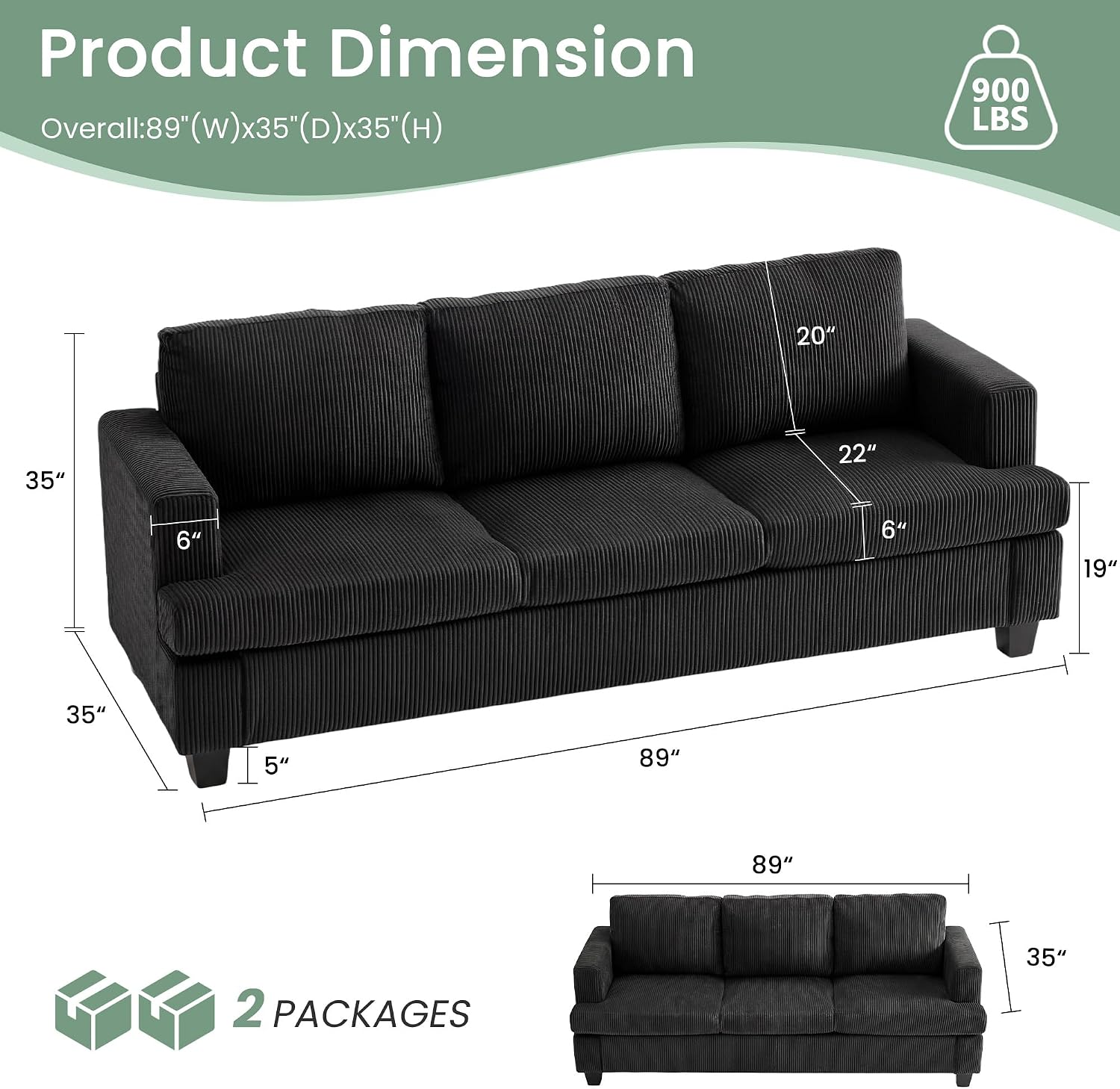 YOUDENOVA 3 Pieces Corduroy Couch Set for Living Room, 8 Seats Cloud Sofa, Deep Seat Floor Couch for Bedroom, Futon Modern Sofa Sectional Bed, Black Corduroy