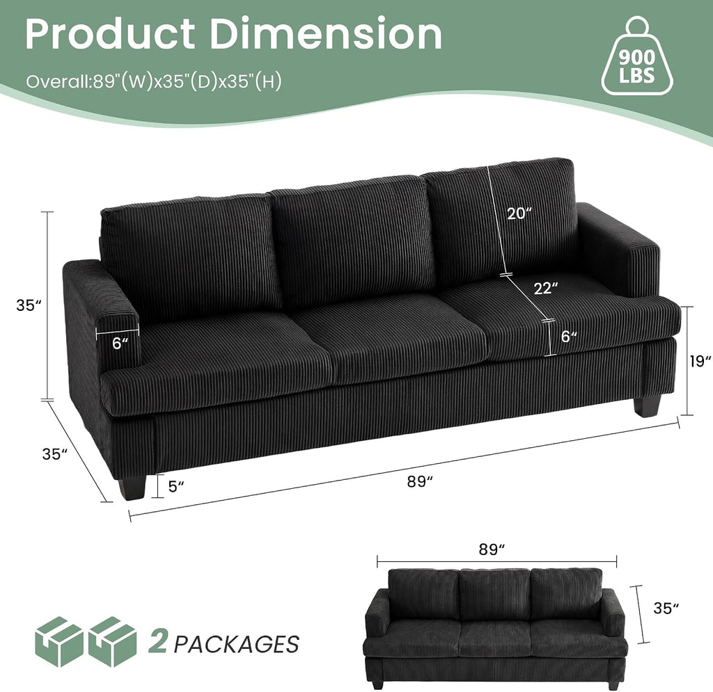 3 Pieces Corduroy Couch Set for Living Room, 7 Seats Cloud Sofa, Deep Seat Floor Couch for Bedroom, Futon Modern Sofa Sectional Bed, Black Corduroy