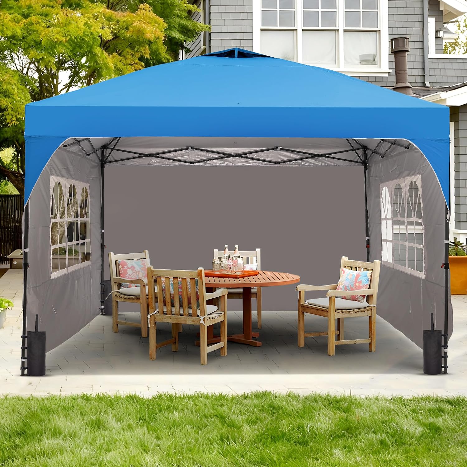 12x12 Pop Up Canopy Tent with One Push Setup, Outdoor Sun Shade Canopy with Vent Top for Backyard Party, Easy Up Instant Shelter with 4-Sandbags & Wheel Bag, Blue.