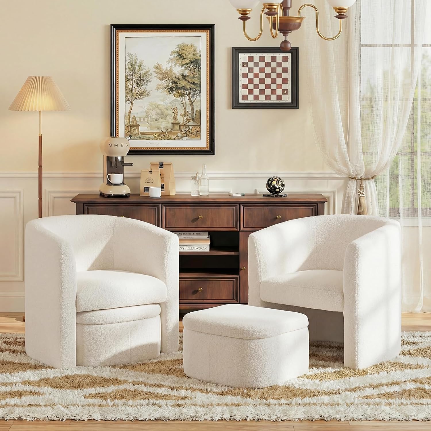 COLAMY Morden Velvet Barrel Accent Chair with Storage Ottoman Set of 2, Upholstered Living Room Side Chair, Single Sofa Armchair with Lounge Seat for Bedroom/Office/Reading Spaces, Cream