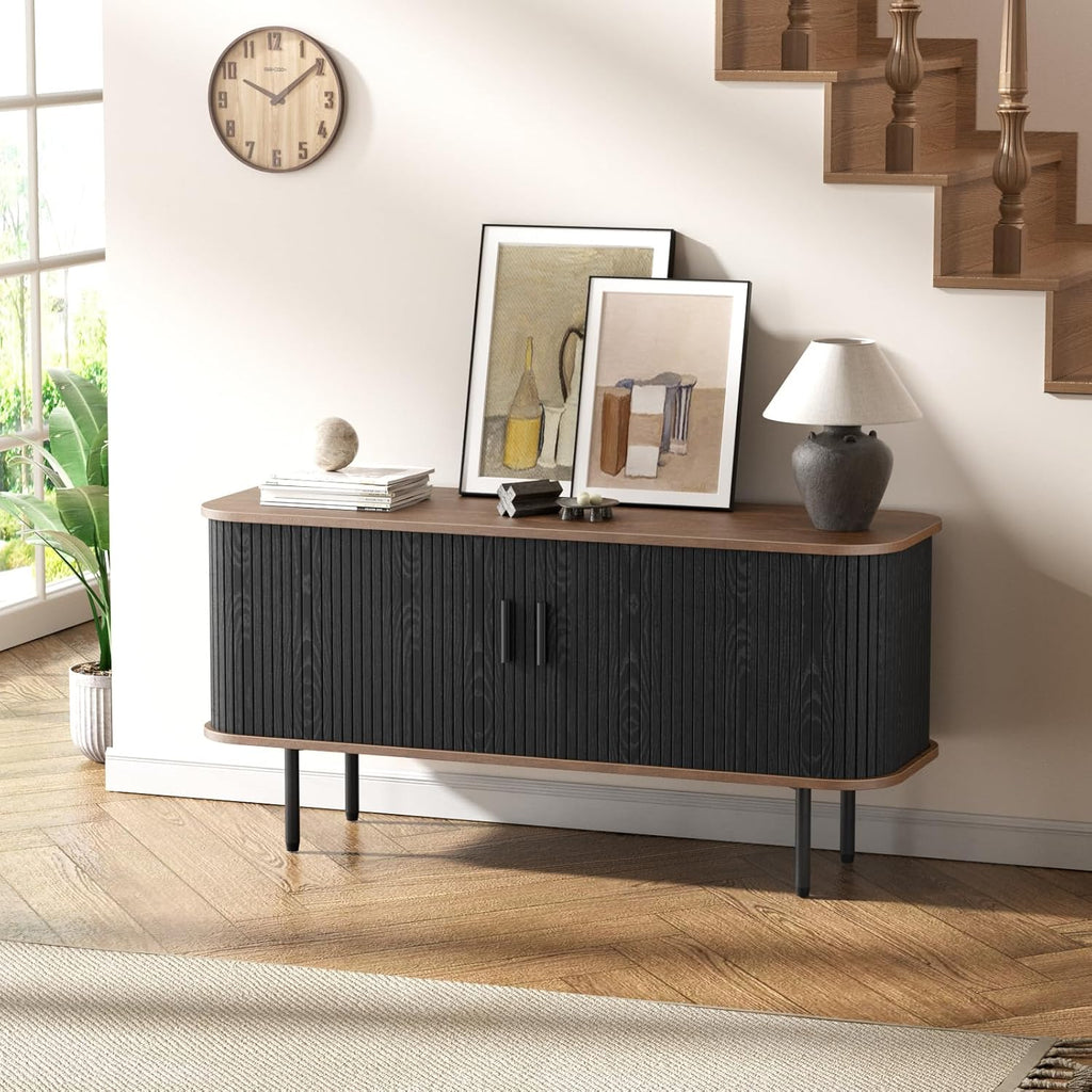 47' Modern Fluted TV Stand for TVs up to 60 Inch , Gaming Entertainment Center with Tambour Slatted Sliding Doors and Storage Cabinet, Media TV Consoles Table for Living Room, Office, Black