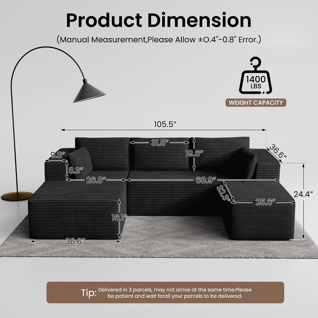 106' Cloud Sectional Boneless Couches for Living Room, Modular U Shaped Couch with Deep Seat, Removable Ottoman, Memory Foam Compressed Spineless 4 Seater Sofa for Bedroom Apartment, Black