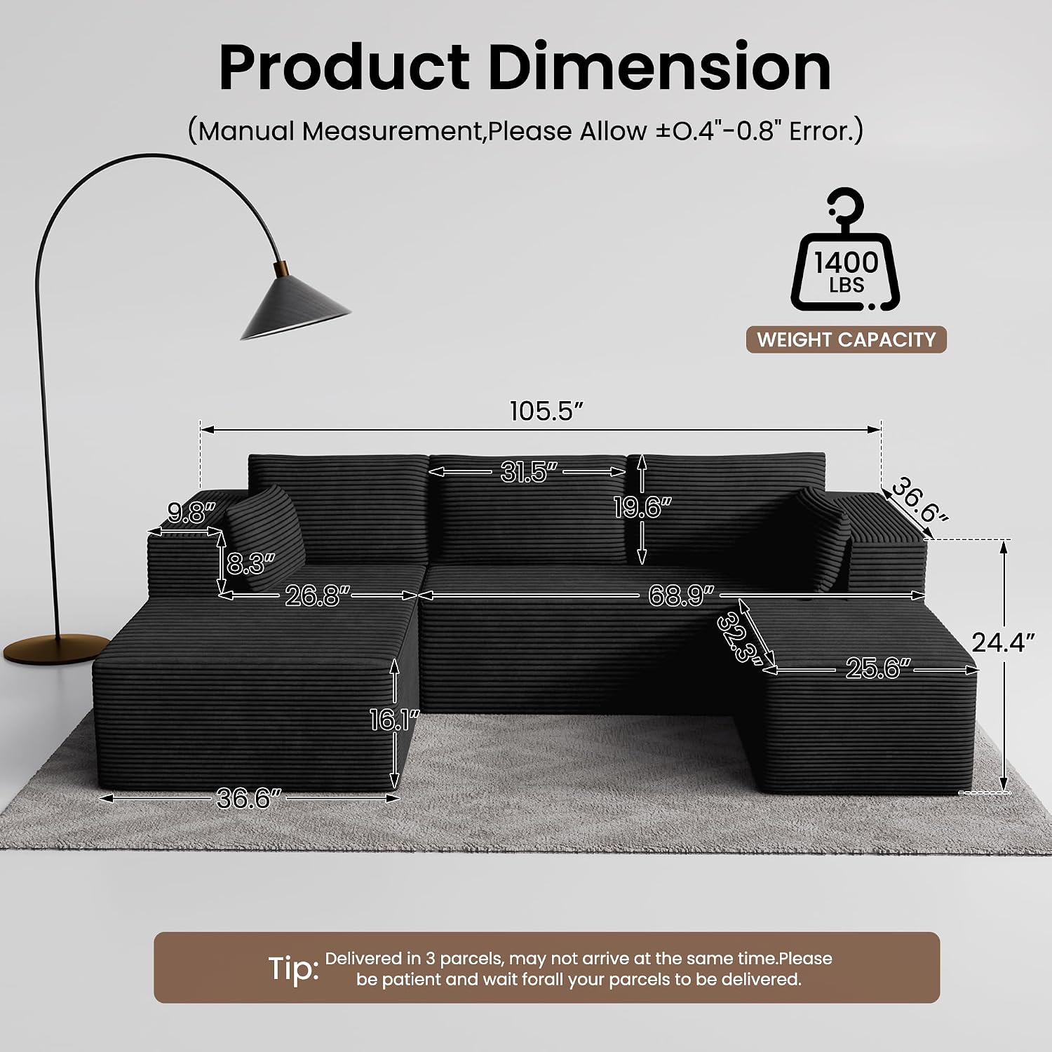 106' Cloud Sectional Boneless Couches for Living Room, Modular U Shaped Couch with Deep Seat, Removable Ottoman, Memory Foam Compressed Spineless 4 Seater Sofa for Bedroom Apartment, Black