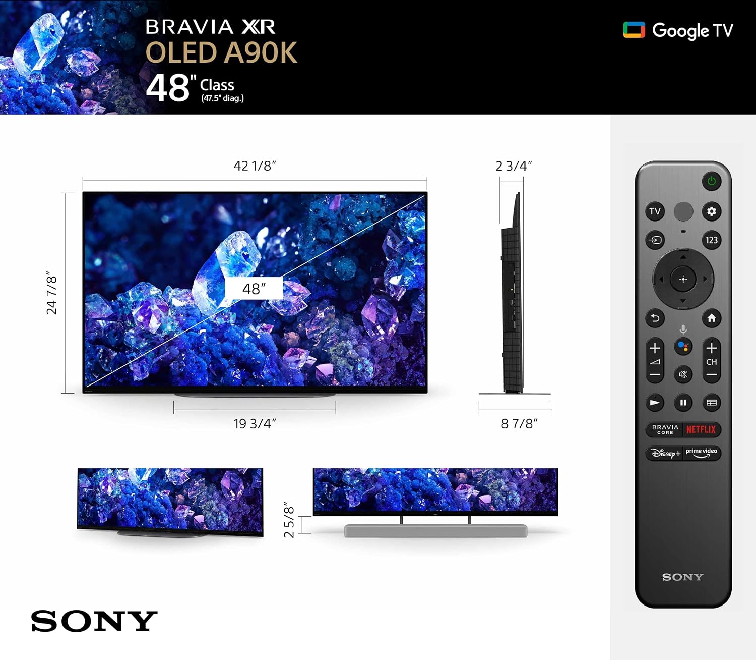 Sony XR48A90K 48 Inch 4K Bravia XR OLED High Definition Resolution Smart TV with 2 Year Amber Protection Plan (2022)
