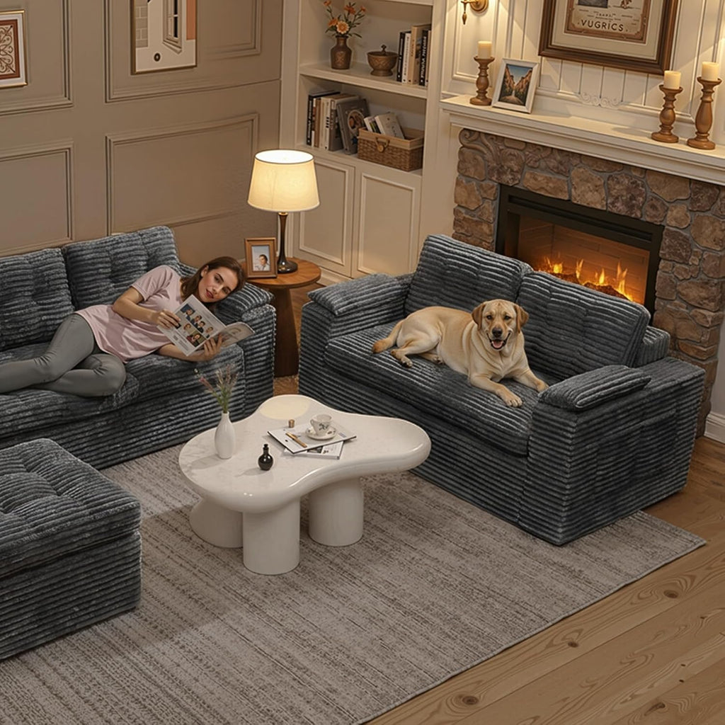 Boneless Loveseat Sofa, 58in Boneless Cloud Couch for Living Room 2 Seater Modern Lounge Sleeper Couch with Removable Cover Corduroy Sofa with Armrest, Dark Grey