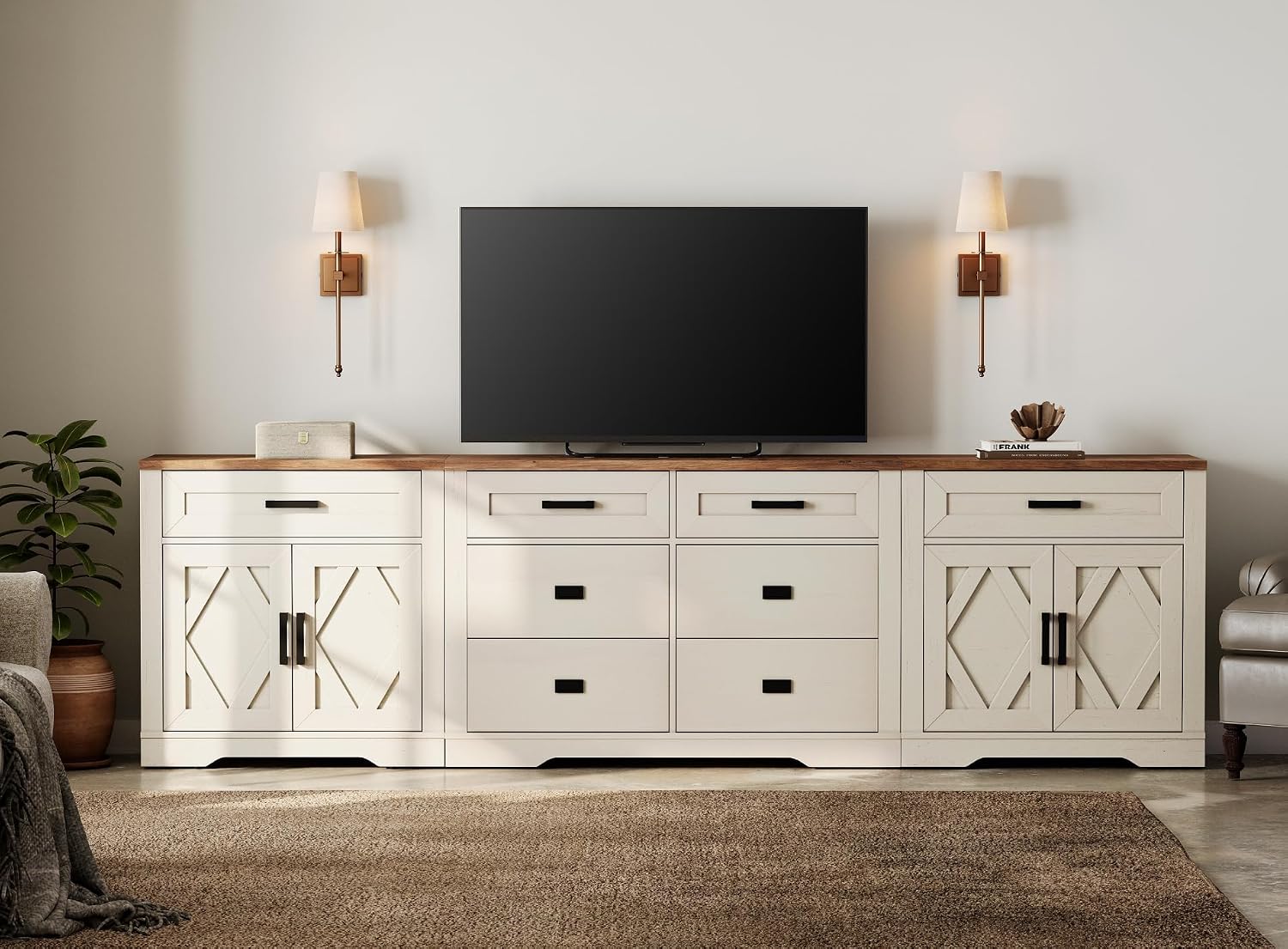 WAMPAT 110' W Large TV Stand,3-in-1 Farmhouse Entertainment Center with Storage Barn Door Cabinet,TV Console Table with Media Cabinet and Drawers for Living Room,Bedroom,Cream White