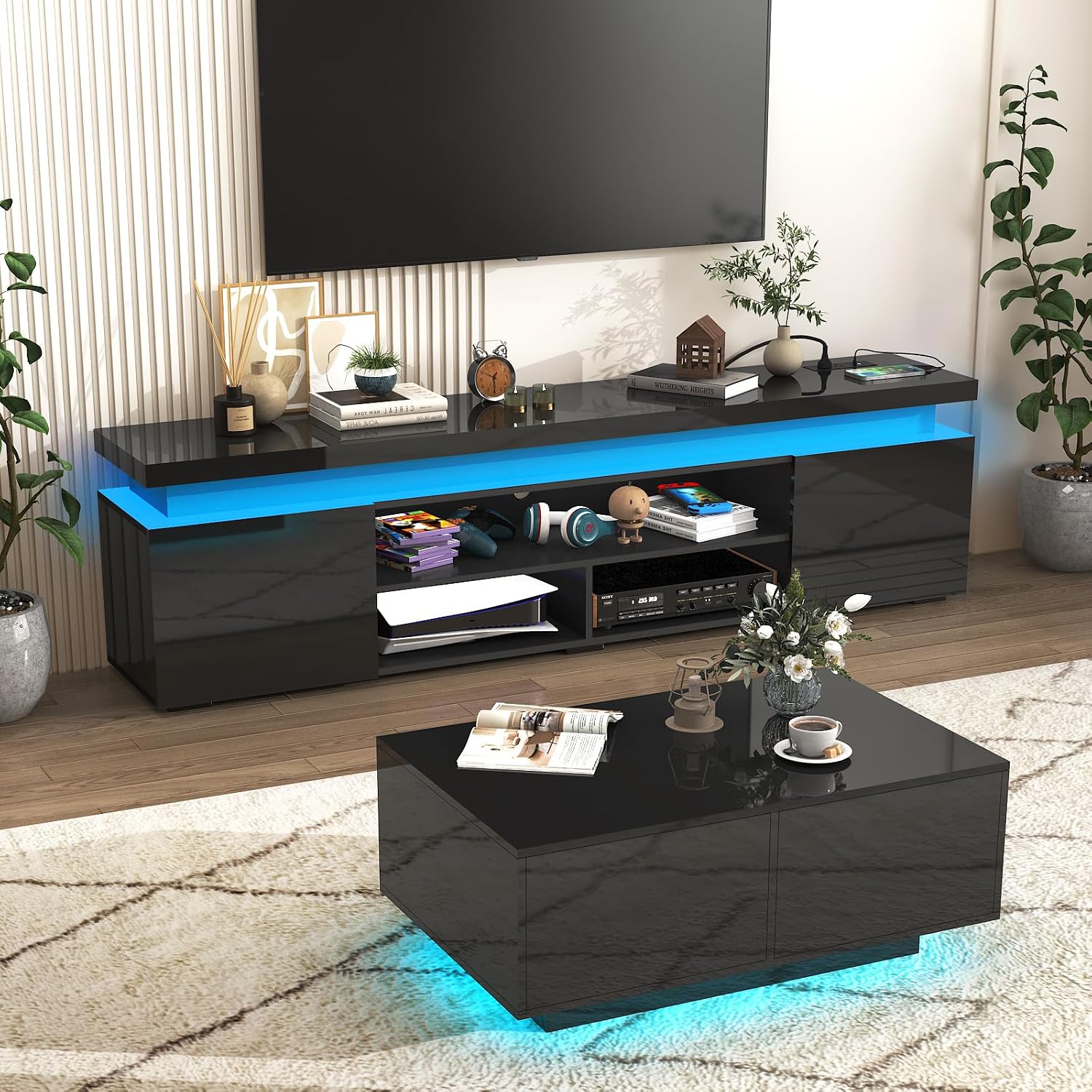 Hlivelood LED TV Stand for 95 Inch TV, Modern TV Stand with Power Outlet, High Gloss TV Console Entertainment Center with Storage and LED Lights for Living Room, Bedroom (83 Inch, Black)