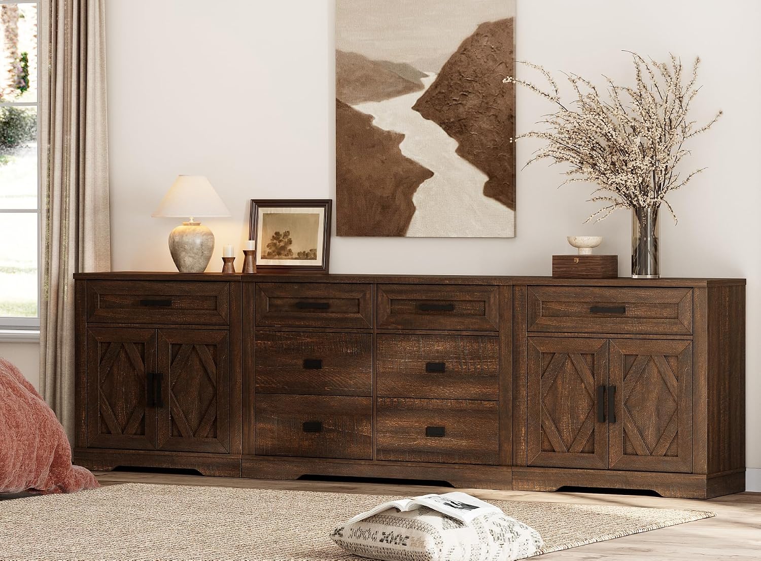 WAMPAT 110' W Large TV Stand,3-in-1 Farmhouse Entertainment Center with Storage Barn Door Cabinet,TV Console Table with Media Cabinet and Drawers for Living Room,Bedroom,Dark Brown