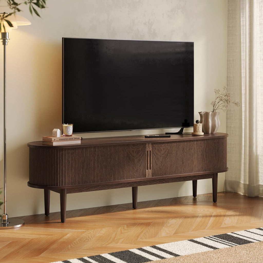 LINSY HOME Fluted TV Stand for 75' TV, Mid-Century Modern 70' Entertainment Center with Sliding Tambour Door and Storage Cabinet, Cruved TV Media Console Table for Living Room, Bedroom, Walnut