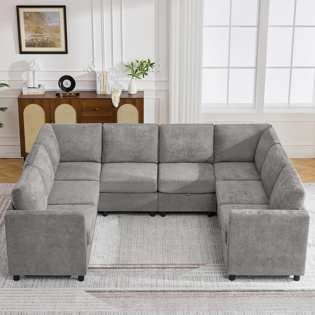 104'' U Shaped Modular Sofa, Sectional Couches with Storage for Living Room, Oversized 8 Seater Cloud Sectional Couch, Chenille Grey